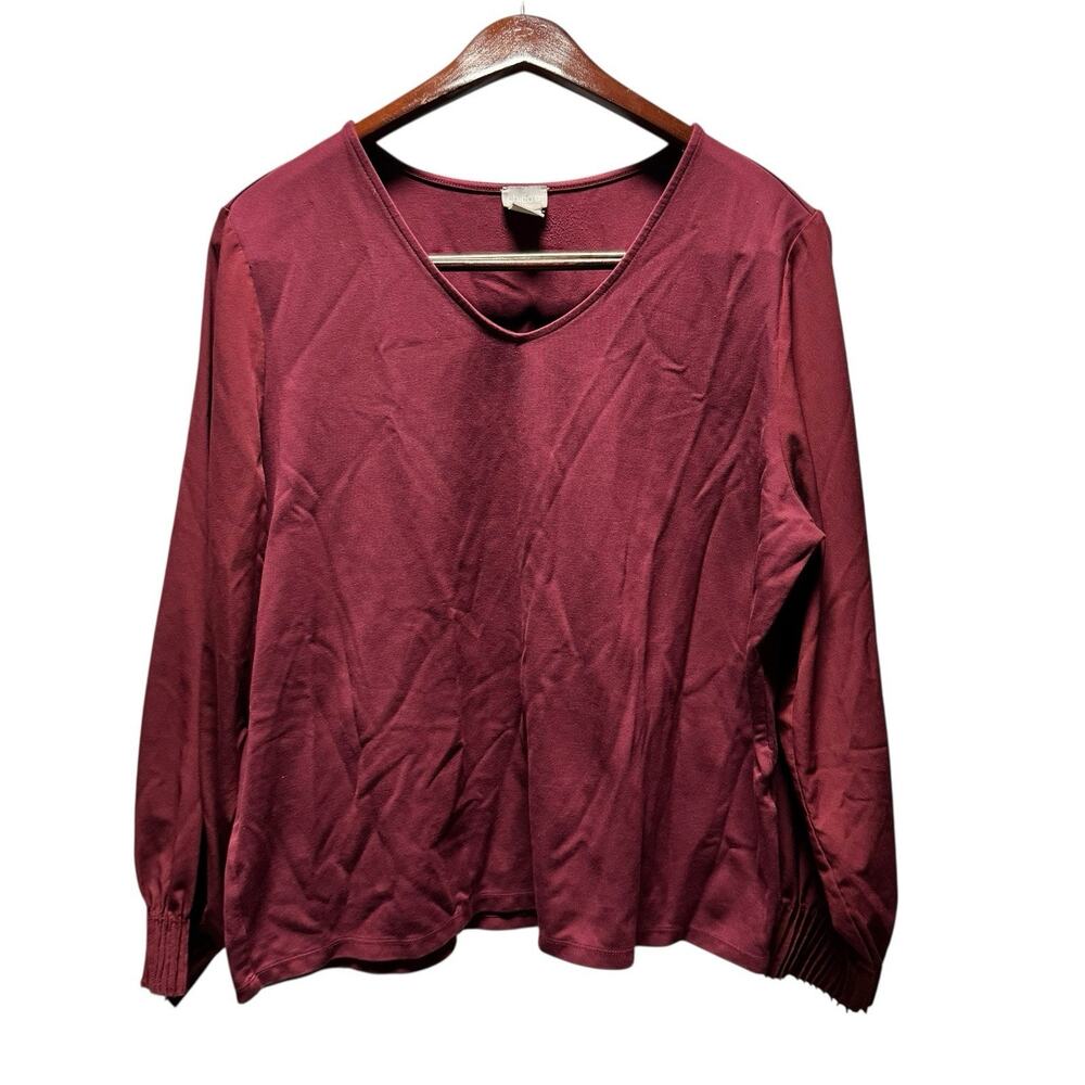 Chico's Ponte 3 Maroon Gathered Cuff V Neck Blouse Shirt XL Office Wear